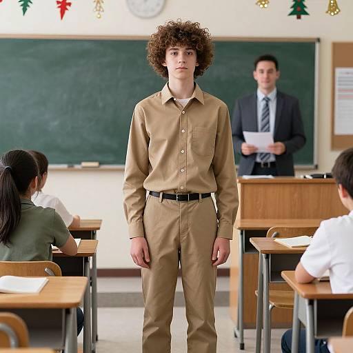 Photograph of a classroom: curly-haired boy in beige uniform stands front and center, teacher in suit holds papers behind chalkboard.