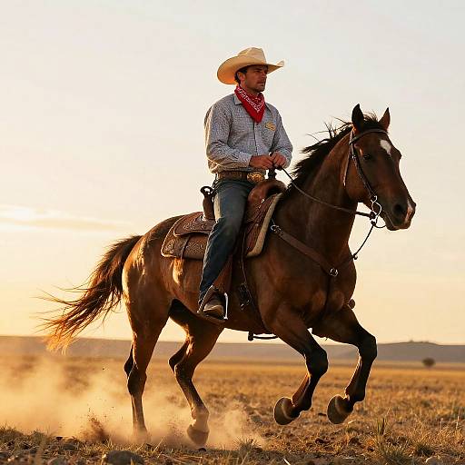 Handsome Cowboy Galloping at Sunset