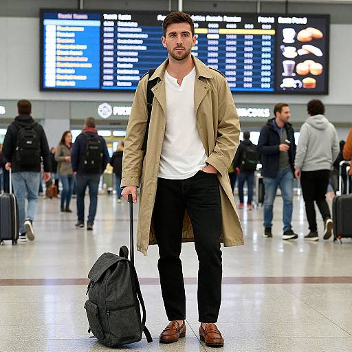 Photograph of a handsome bearded man in a beige coat, white shirt, black pants, and brown shoes, pulling a black suitcase in an airport