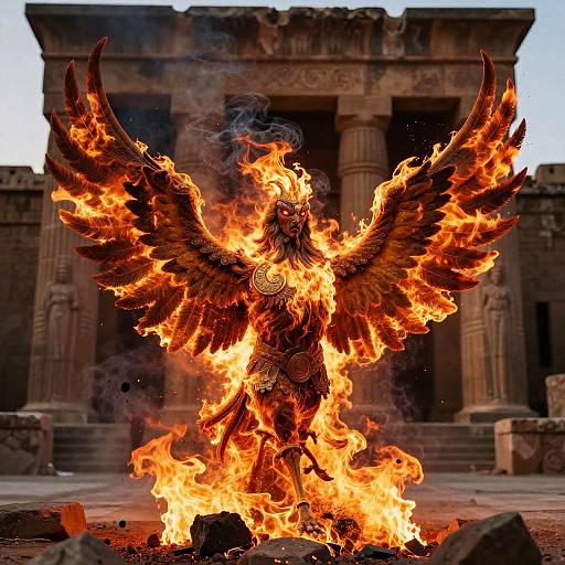 Photograph of a fiery, winged phoenix with outstretched wings, standing in front of ancient, stone columns and stairs at dusk.