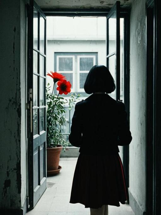 Woman Standing Indoors Facing Open Door with Red Flowers