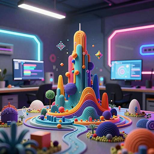 Vibrant 3D digital sculpture of colorful, abstract cacti and hills in a neon-lit, futuristic office with glowing screens and chairs