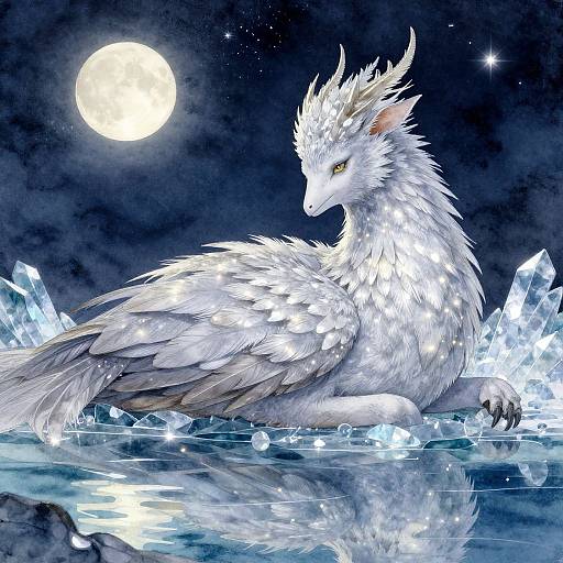 Digital illustration of a white, winged dragon with glowing eyes, lying on icy crystals under a bright full moon, reflecting in a starlit, frozen