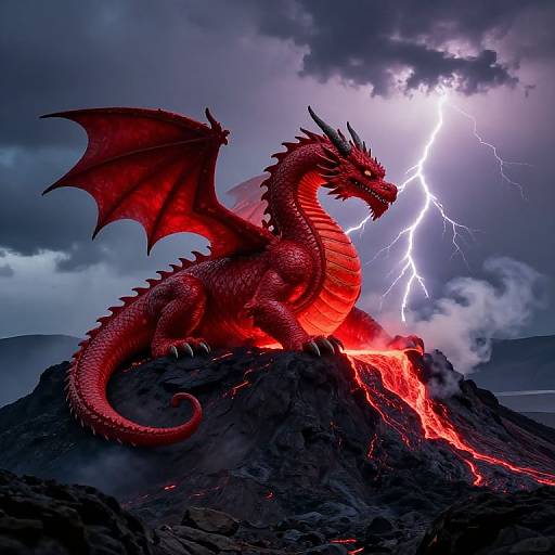 Digital artwork of a red dragon with glowing scales, sitting on a volcanic rock, as lightning strikes in a stormy sky.