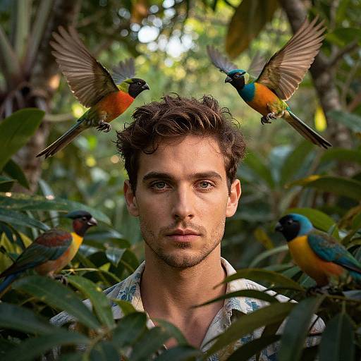 Photograph of a curly-haired, serious-eyed man in a forest, surrounded by four colorful, flying birds with vibrant blue, orange, and green feathers