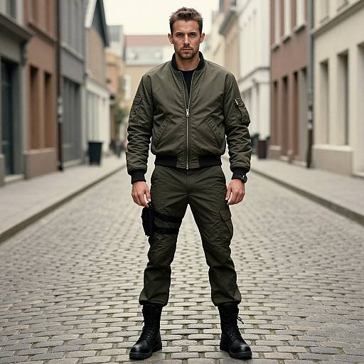 Photograph of a serious, muscular man in olive military-style jacket and pants, standing on a cobblestone street between blurred buildings.