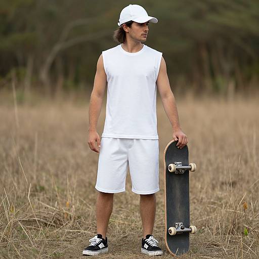 Photograph of a man in a white cap, sleeveless shirt, shorts, and black sneakers, holding a skateboard in a grassy field.