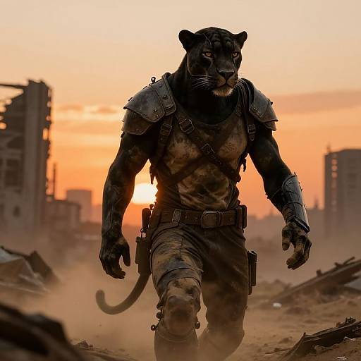 Digital art of a muscular anthropomorphic black panther in militaristic armor walking through a ruined cityscape at sunset. Dust clouds his legs. Orange sky
