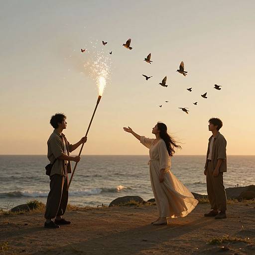 Surreal Coastal Sunset with Dreamlike Birds and Sparks