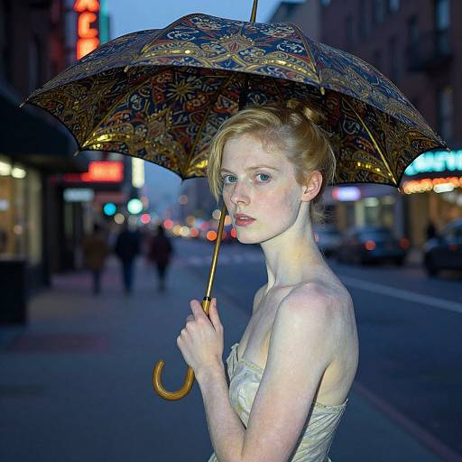 Photograph of a pale-skinned, blonde woman with red lips holding a patterned umbrella on a dimly lit, urban street at dusk.