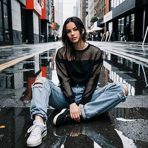 Young Woman in Streetwear Sitting on Rainy City Street
