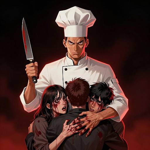 Sinister Chef with Bloodied Victims