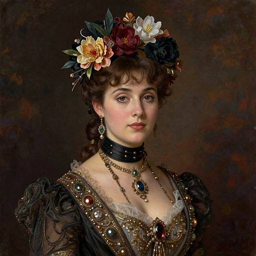 Victorian-style portrait of a young woman with fair skin, brown curls, floral headpiece, black lace dress, and elaborate jewelry, set against a