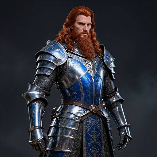 Photorealistic digital portrait of a red-bearded knight in gleaming blue and silver armor with intricate patterns, standing against a dark, smoky background
