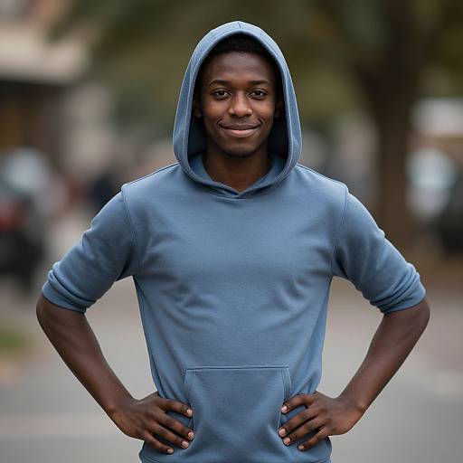 Photograph of a smiling, dark-skinned, muscular man in a blue hooded sweatshirt, standing confidently with hands on hips in a blurred urban