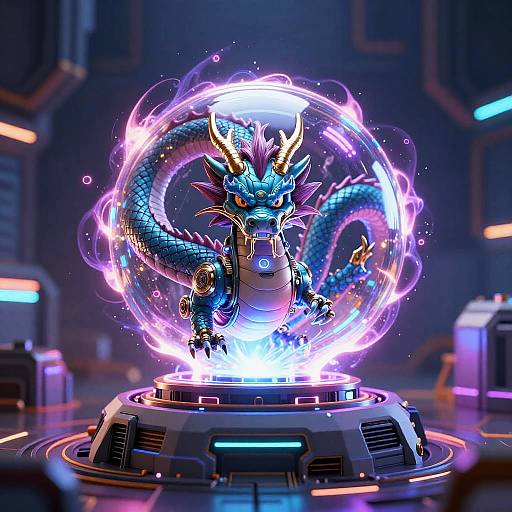 Digital CGI of a glowing, blue-scaled dragon with yellow horns, surrounded by a neon purple energy circle, standing on a futuristic, circular platform in
