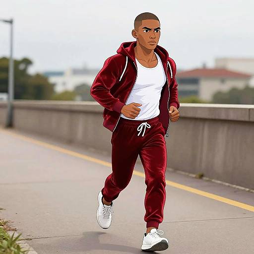 Male Runner in Red Velvet Tracksuit Jogging Outdoors