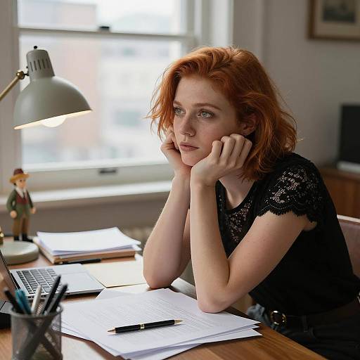 Contemplative Woman with Short Red Hair