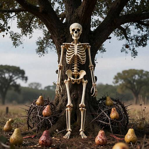 Skeleton with Thorny Bush and Pears Under Tree