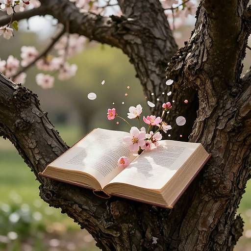 Photograph of an open book with pink cherry blossoms floating above, resting on a textured, dark brown tree branch.