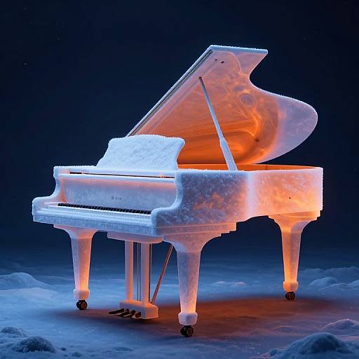 Photorealistic CGI of a glowing white grand piano with illuminated orange accents, set against a dark, cloudy, moonlit sky.