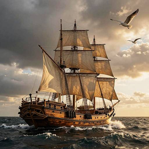 Vintage Sailing Ship in Dramatic Ocean