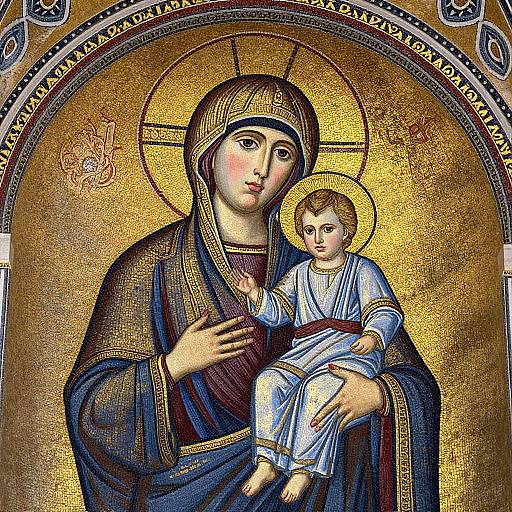 Digital illustration of a Byzantine-style Madonna and Child, featuring gold backgrounds, detailed halos, and richly textured robes with blue and white garments.
