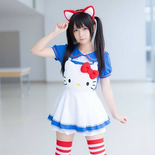 Photograph of an Asian woman in a blue and white Hello Kitty cosplay dress, red striped thigh-high socks, and cat ears, standing in a bright