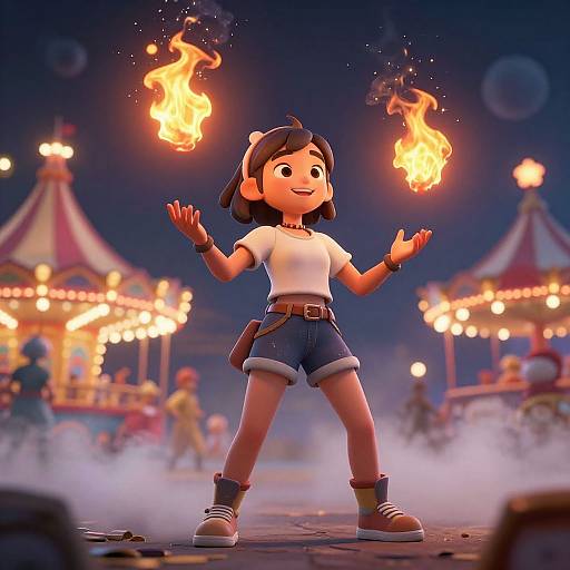 CGI image of a cute, anime-style girl with short brown hair, white t-shirt, denim shorts, and brown boots, conjuring two glowing