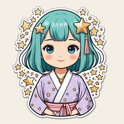 Kawaii Girl with Lavender Kimono and Golden Stars Sticker