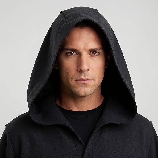 Photograph of a serious, light-skinned man with short brown hair, wearing a black hooded sweatshirt, against a plain white background.