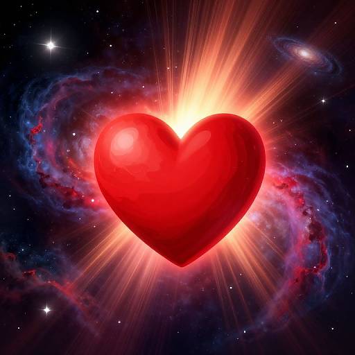 Digital artwork of a bright red heart at the center of a radiant explosion, surrounded by a cosmic nebula with stars and vivid colors in deep space.