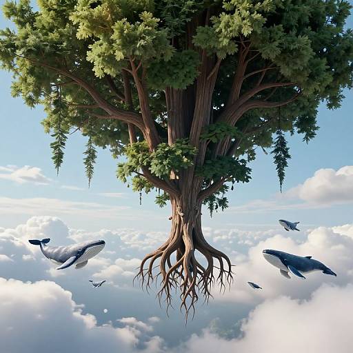 Digital art: Giant tree with exposed roots floats among fluffy clouds, surrounded by flying whales and birds, under a bright blue sky.
