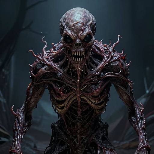 Digital CGI horror image of a sinister, humanoid creature with a glossy, skeletal face, dark, twisted limbs, and eerie black eyes, set against a