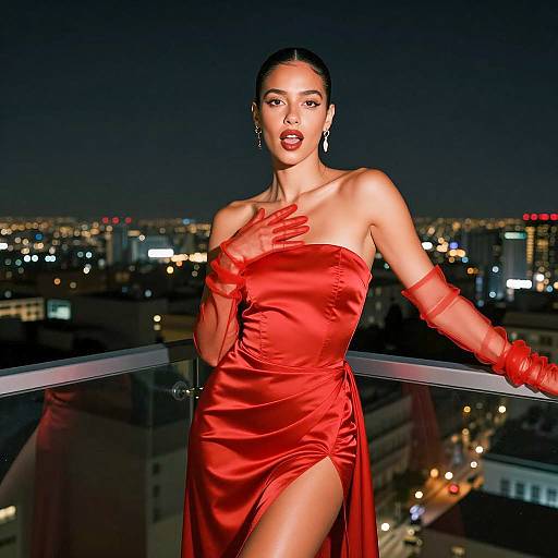 Elegant Woman in Red Satin Dress