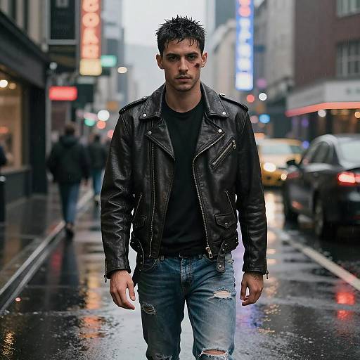 Young Man in Leather Jacket on Rainy City Street
