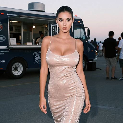 Photograph of a stunning woman with dark hair in an updo, wearing a shimmering, form-fitting, pale pink sequin dress, standing