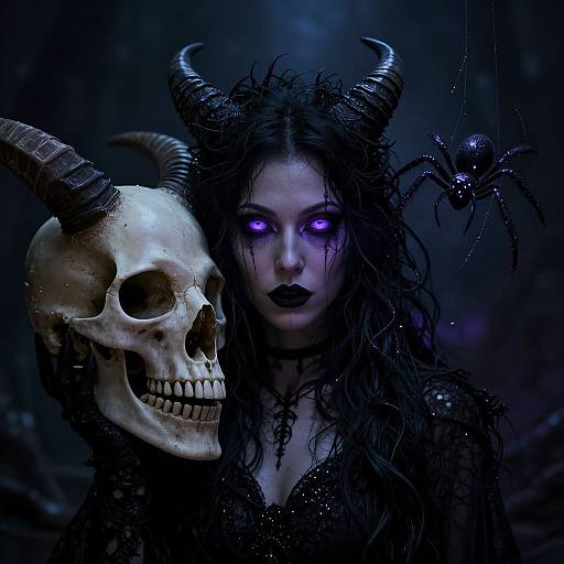 Digital artwork of a pale, dark-haired woman with glowing purple eyes, black lipstick, and black horns, holding a skull, with a spider near her