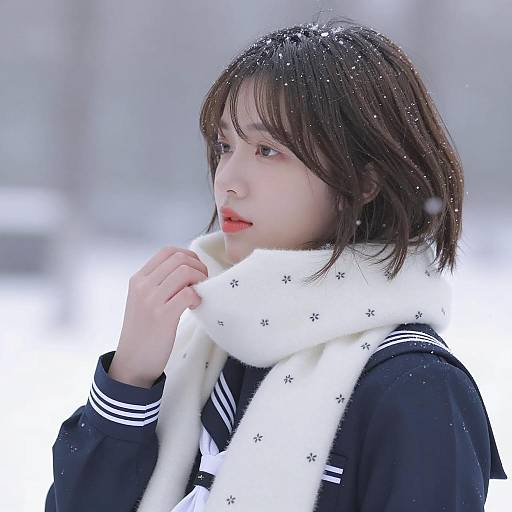 Asian Woman in Snow with Sailor Uniform