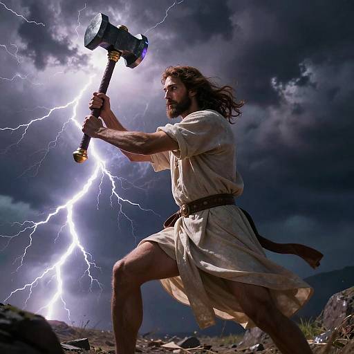 Jesus with Celestial Hammer in Storm