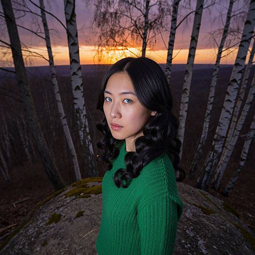 Photograph of an Asian woman with long black hair in a green knitted sweater, standing in front of a sunset behind birch trees.