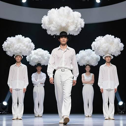 Man Center Stage Surrounded by Cloud Hats