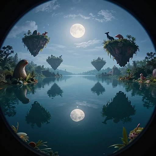 Fantasy digital painting: Moonlit, mirror-like lake with floating islands, colorful wildlife, and vibrant flora, viewed through a circular lens.