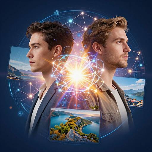 Photograph of two men in profile, back-to-back, with digital starburst and interconnected dots behind them, surrounded by scenic landscape images.