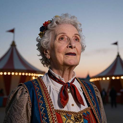 Photograph of an elderly white woman with curly white hair, wearing traditional, ornate Renaissance-style clothing, standing outdoors at dusk with circus tents and flags