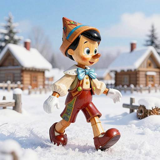 Reimagined Pinocchio in Russian Folk Costume in Snowy Village
