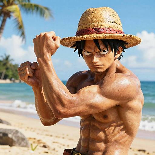Photorealistic digital artwork of a muscular, shirtless man with tan skin, black hair, and a straw hat, flexing on a sunny tropical