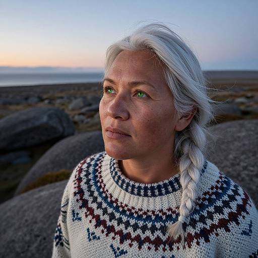 Photograph of a fair-skinned woman with white braided hair, green eyes, wearing a Nordic-patterned sweater, standing on a rocky beach at