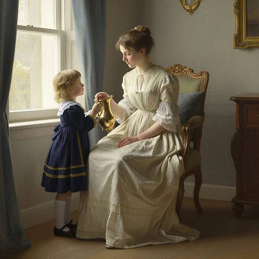 Photograph of a Victorian-era mother in a cream dress, sitting on an ornate chair, pouring from a gold jug for her young daughter in a
