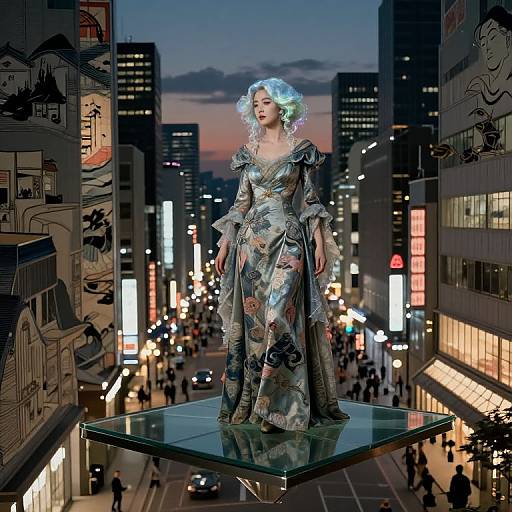 Photograph-style digital artwork of a giant woman in a floral, metallic gown with glowing blue hair, standing on a glass platform in a neon-lit